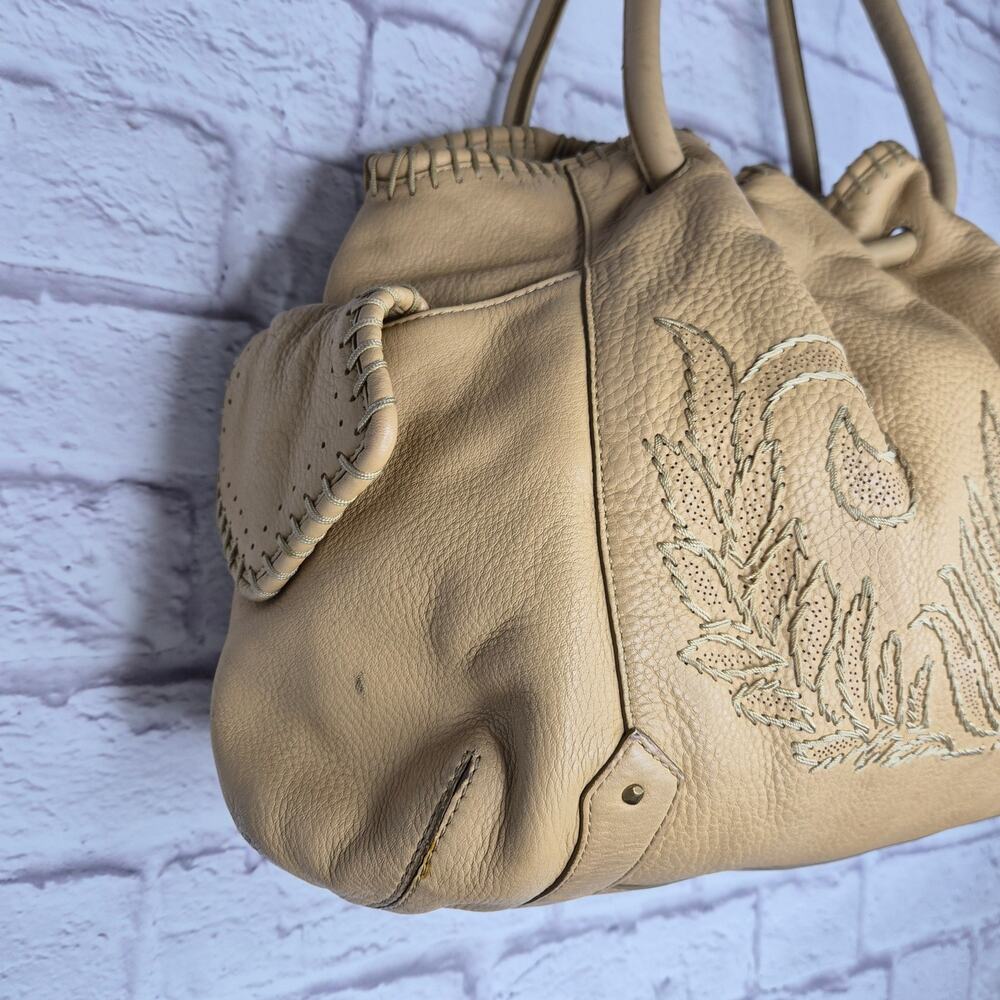Vintage Cole Haan Tan Pebbled Leather Whipstitch Embroidered Drawstring Hobo Bag - Picture 4 of 12